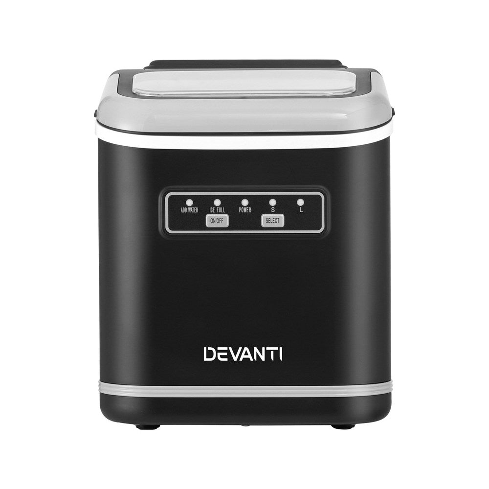 Sleek black Devanti ice maker shown from the front, with transparent window and control panel visible.