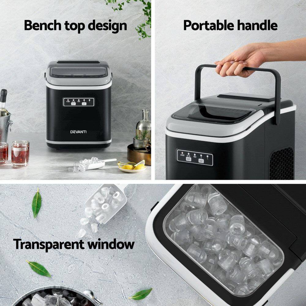 The ice maker placed on a kitchen counter next to glasses, highlighting its compact design.