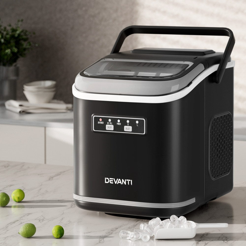 Rear view of the Devanti Ice Maker, showing ventilation grilles and power cable connection.