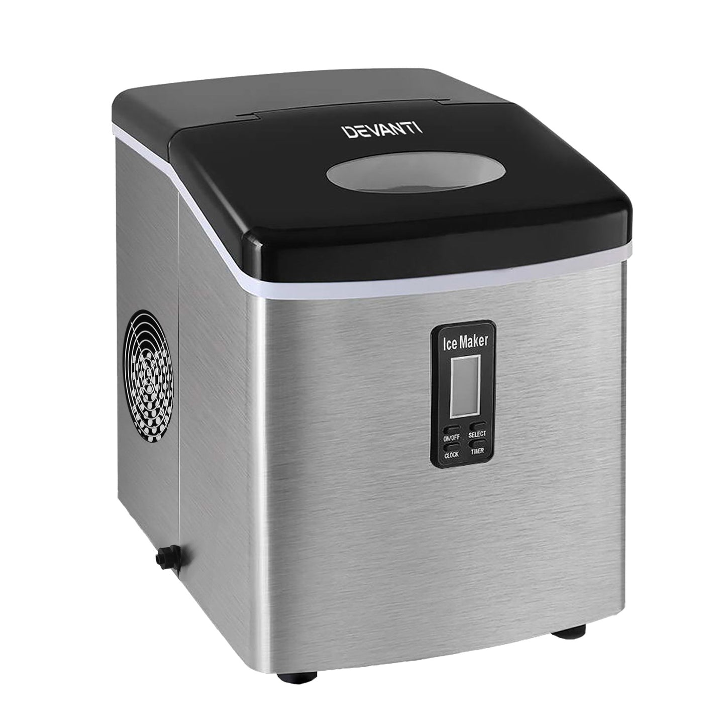 Devanti ice maker with black top and silver body on a white background