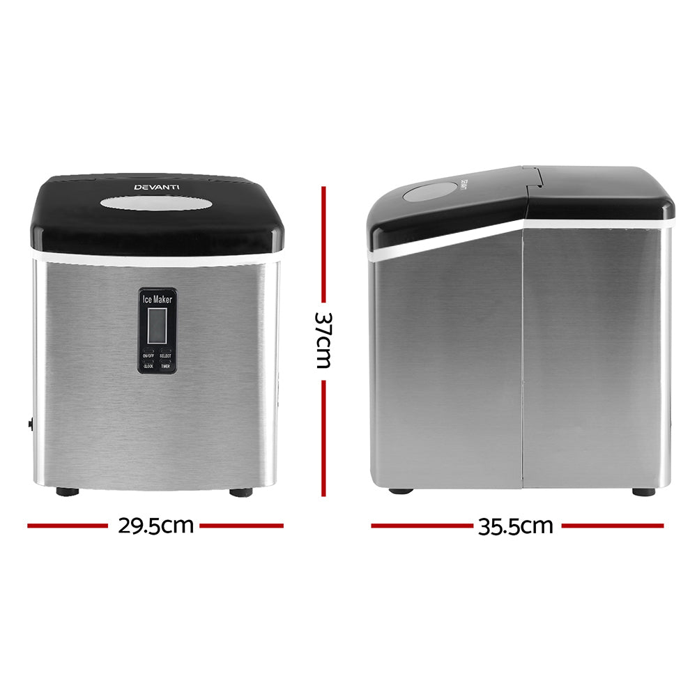 Two De'Longhi ice makers with dimensions labeled on a white background
