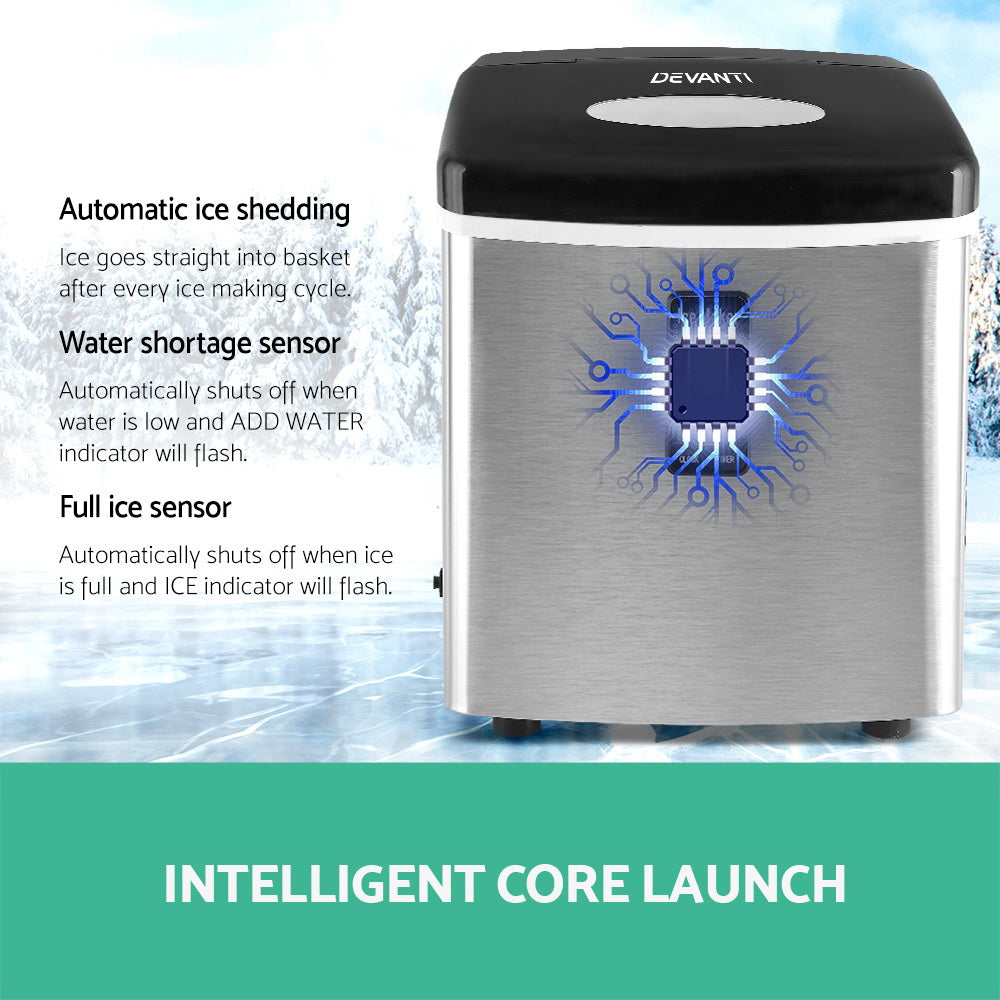 Ice maker with features listed on a blue and white background
