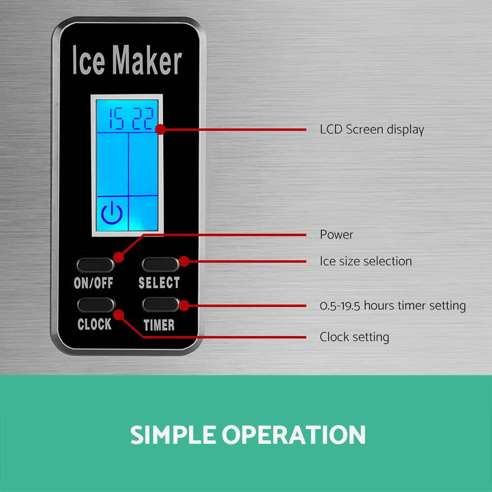 Ice maker control panel with labeled components on a metallic background
