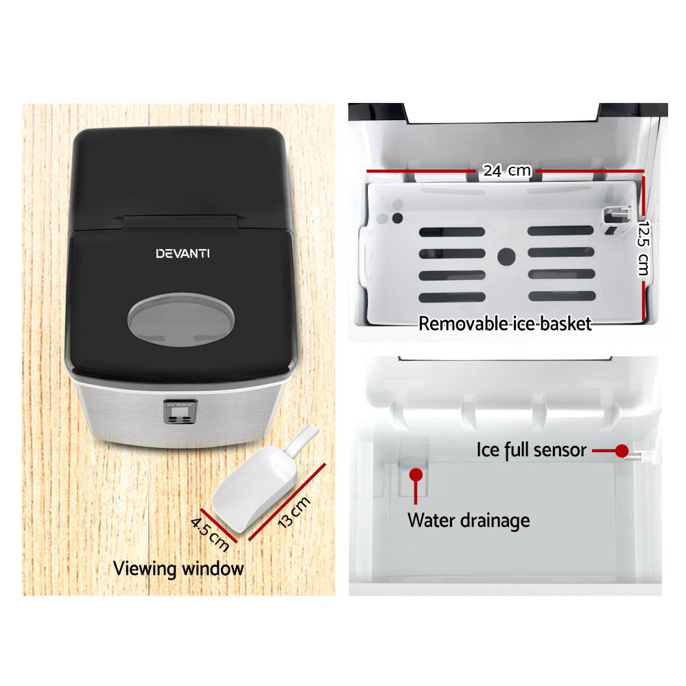 Devanti ice maker with labeled features on a wooden surface