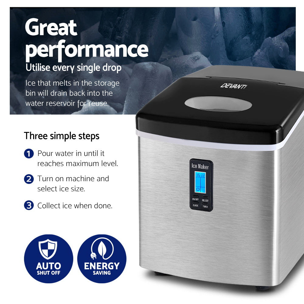 Stainless steel ice maker with digital display on a white background