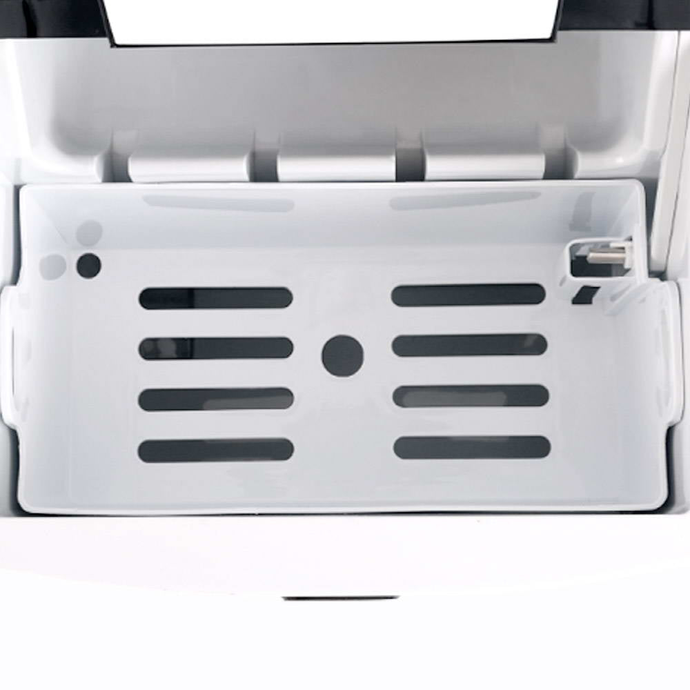 Close-up of a white electronic device with a metallic finish on a white background