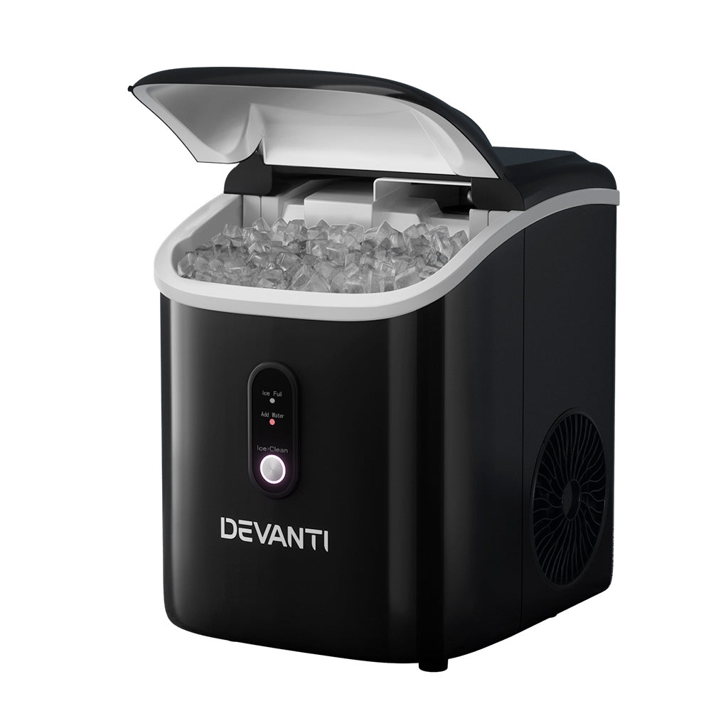 Black Devanti ice maker with ice cubes inside on a white background