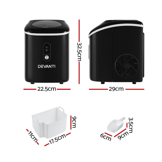 Black Devanti ice maker with dimensions and accessories on a white background