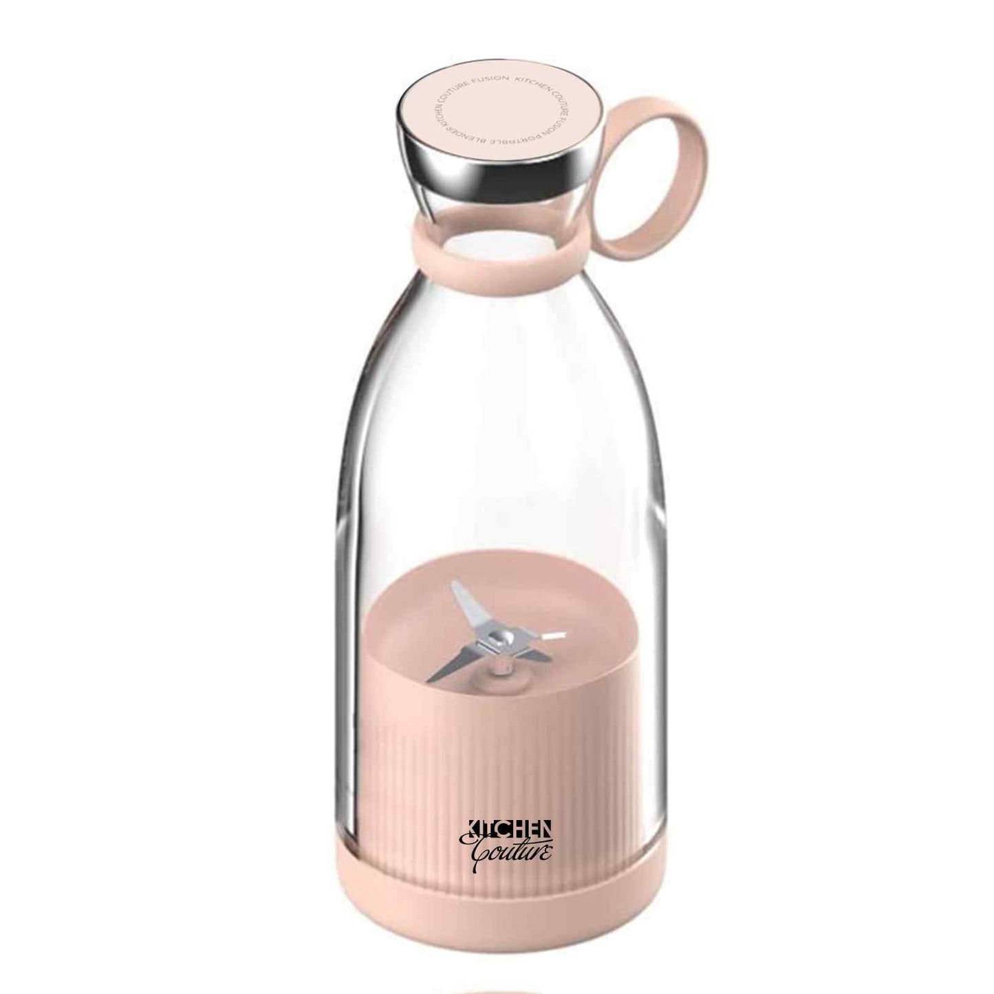 Front view of the pink Kitchen Couture portable blender with lid on