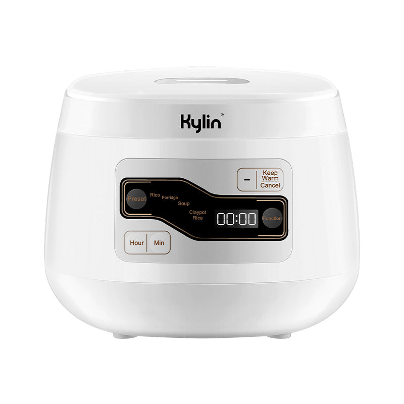 Front view of the Kylin 2L Ceramic Rice Cooker in white, showcasing its sleek design and digital display.