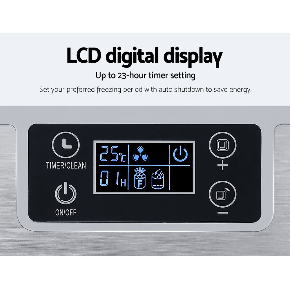 Easy-to-use LCD button interface on the Devanti Ice Maker for controlling thickness, cleaning, and power