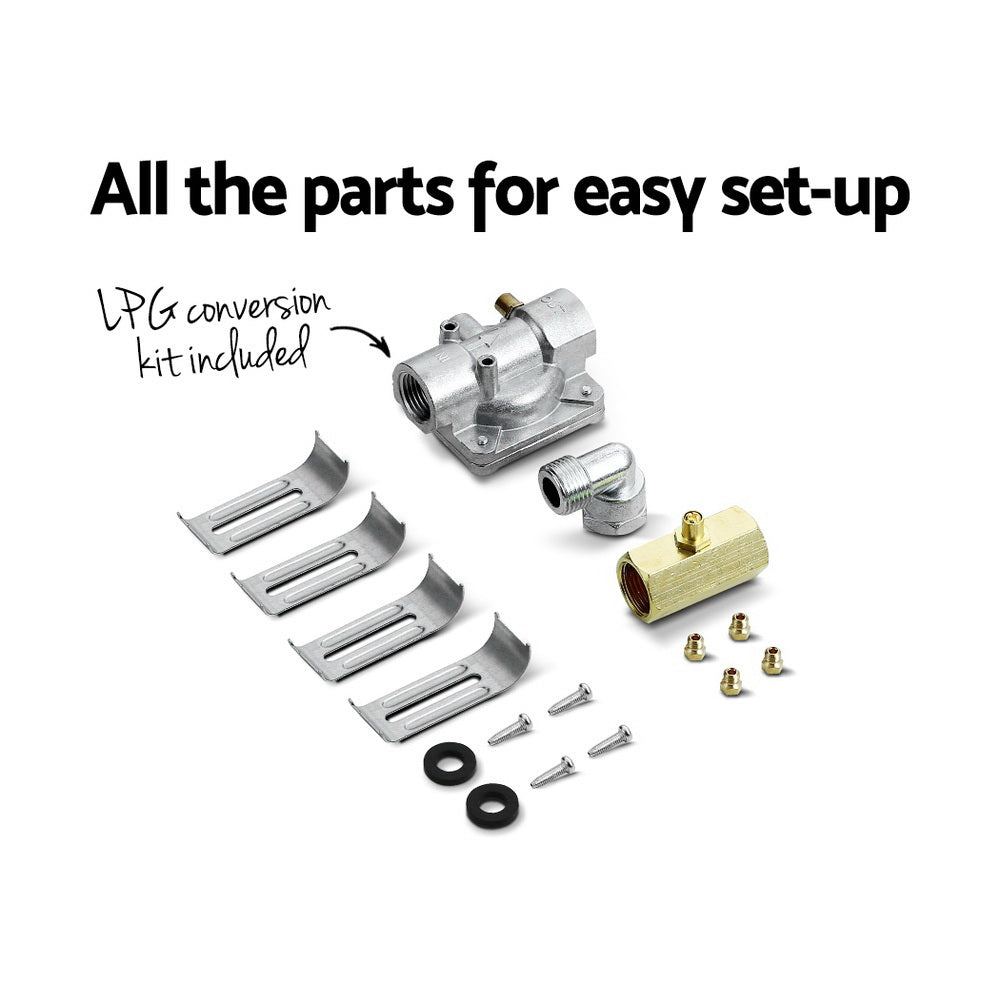 Included LPG conversion kit for flexible fuel options and installation versatility.