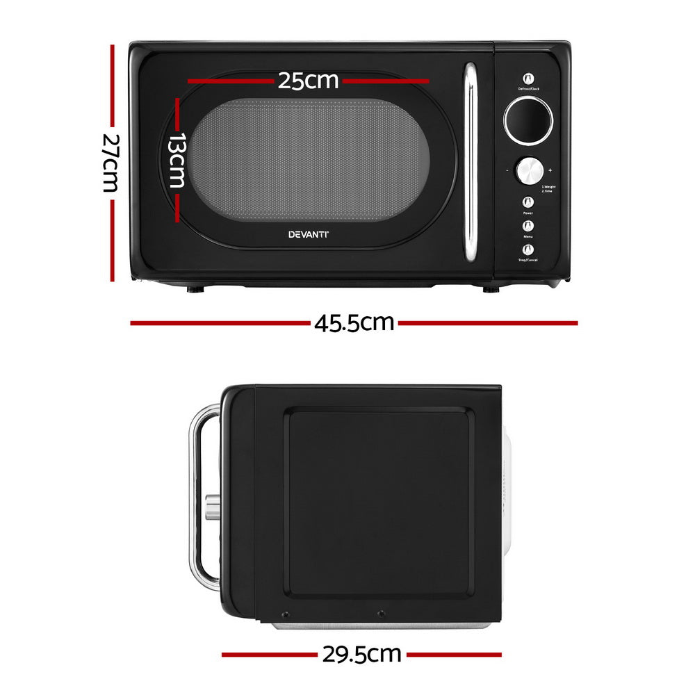 Angled side view highlighting the sleek black design of the Devanti 20L Microwave Oven.