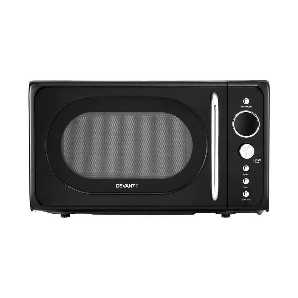 Front view of Devanti 20L Microwave Oven in black with LED display and pull door.