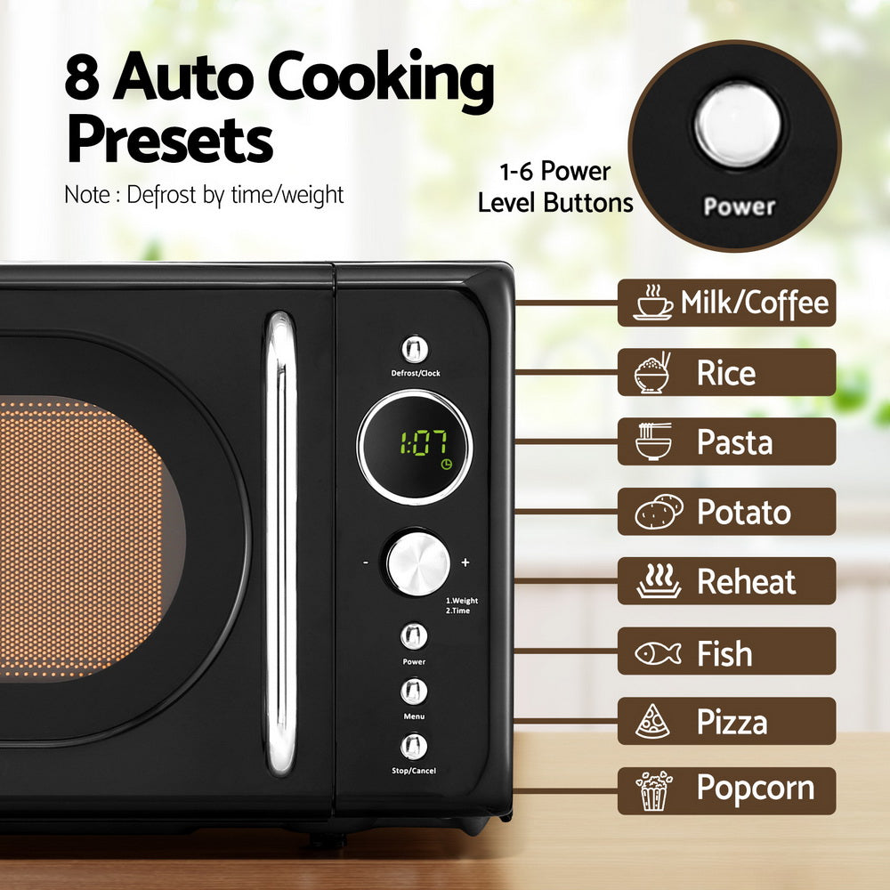 Close-up of digital LED display, auto menu buttons, and control settings on the Devanti microwave.