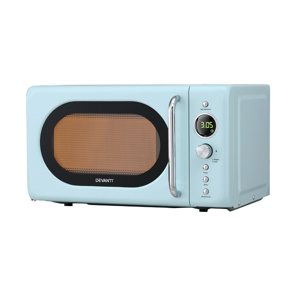 Light blue microwave oven with digital display on a white background