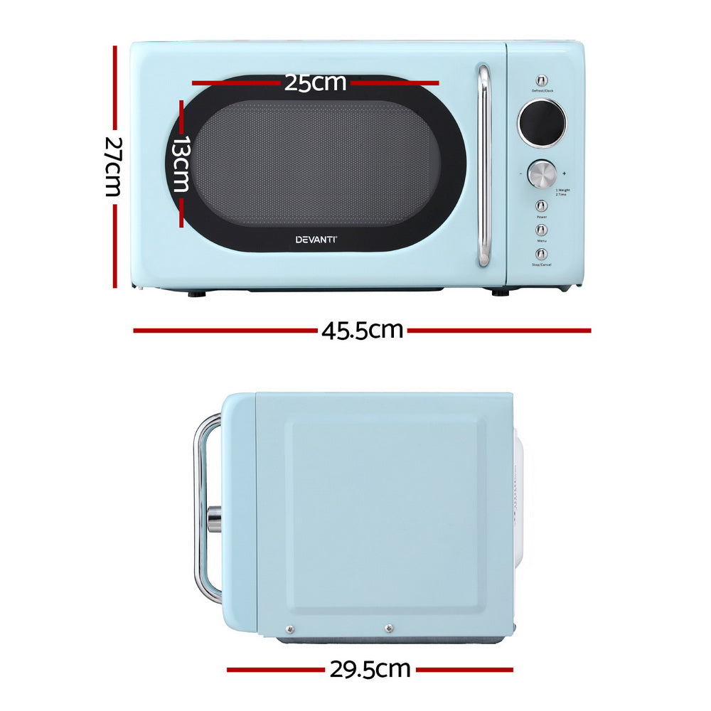 Side angled view of Devanti 20L blue microwave oven