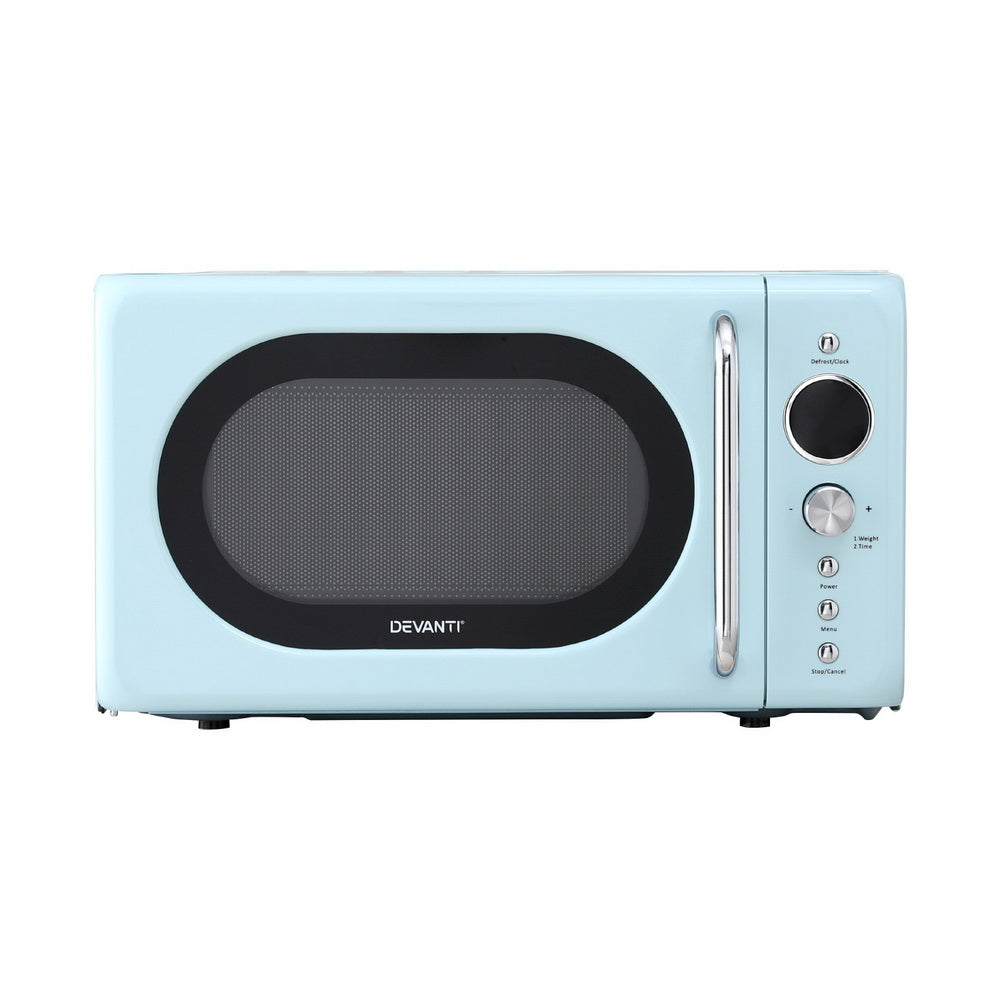 Front view of Devanti 20L Microwave Oven in blue with LED panel