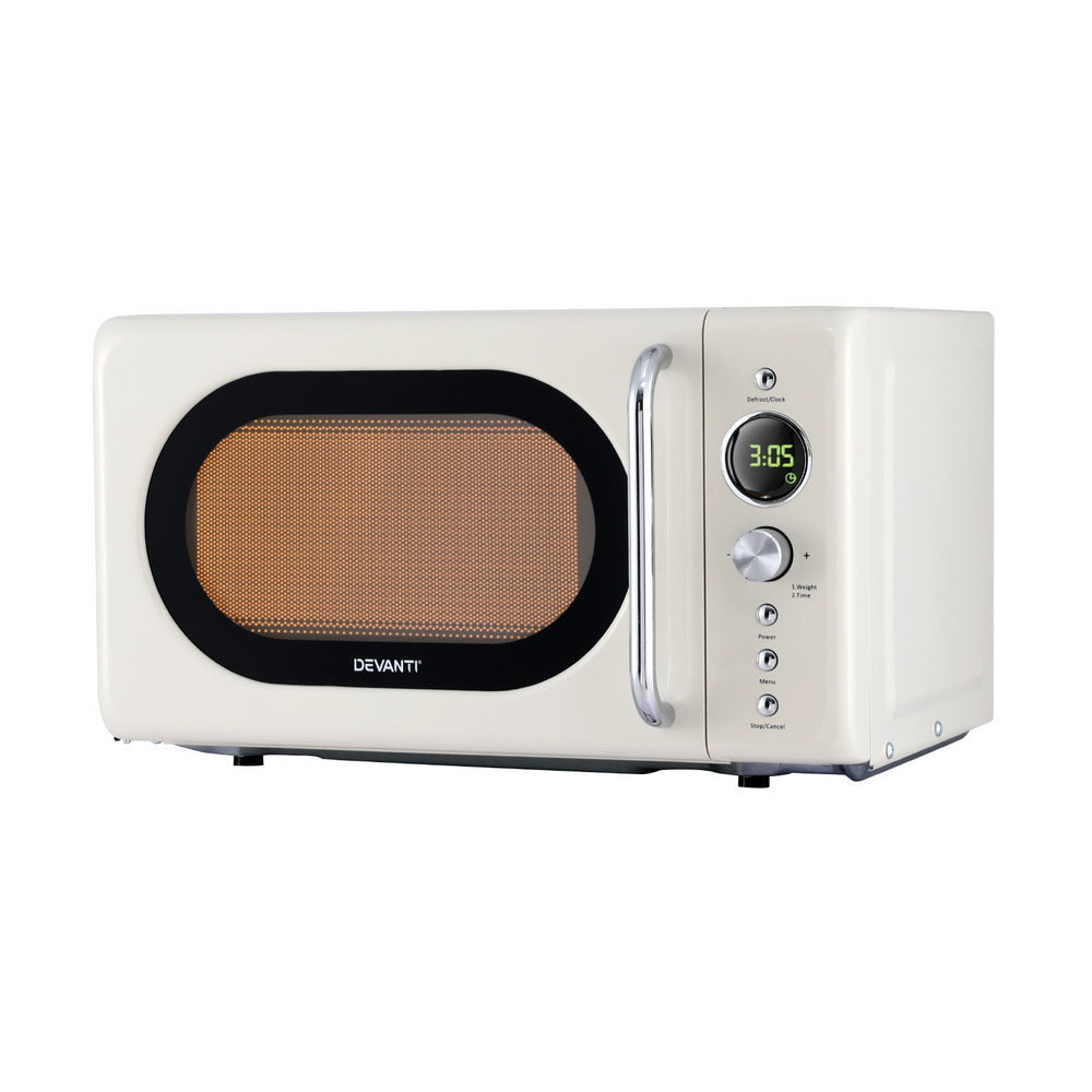 Devanti 20L Cream Microwave showing interior and glass turntable