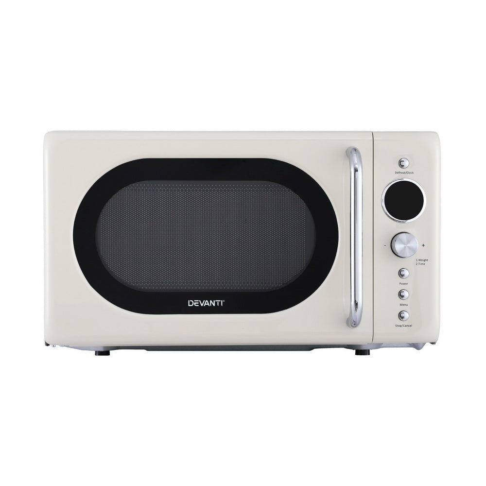 Front view of Devanti 20L Microwave Oven 700W in cream, featuring digital LED screen and pull door design
