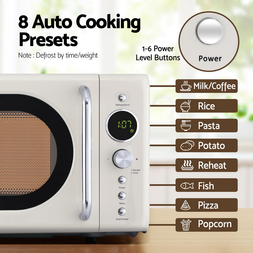 Devanti Microwave control panel featuring digital buttons and one-touch express cooking options