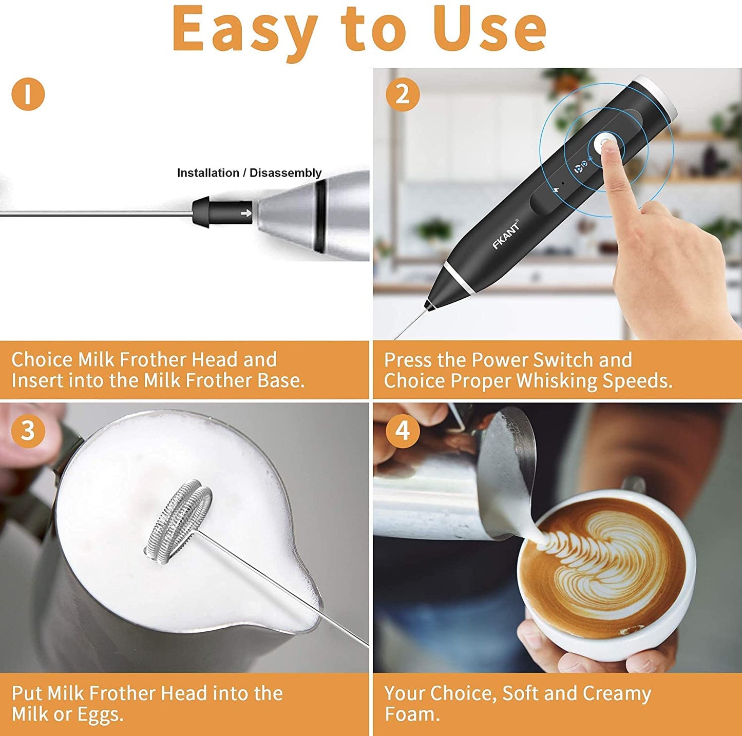 Handheld milk frother beside cup of coffee with latte art