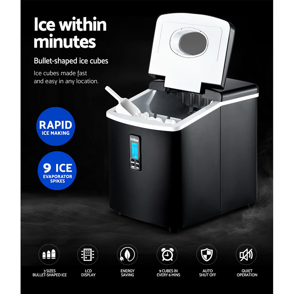 Open top view showing ice cubes inside removable basket and ice scoop.