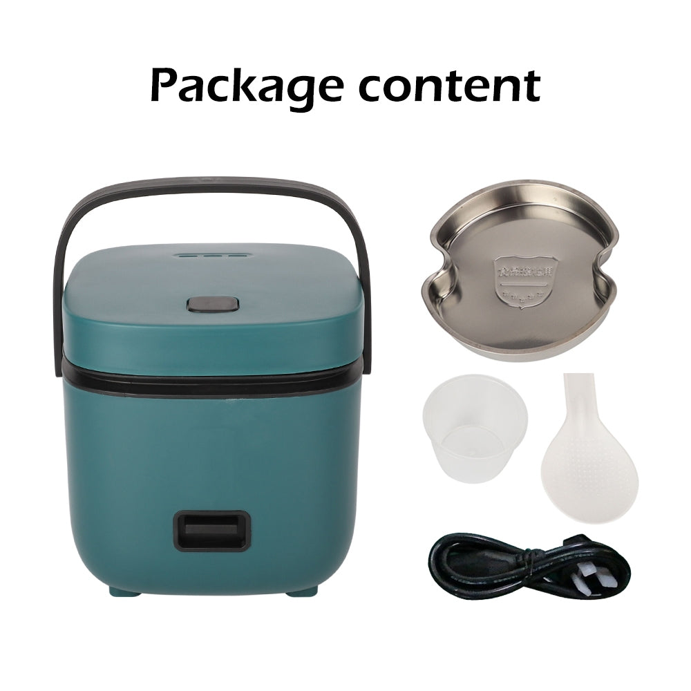 Cooker open with steaming tray, rice spoon, and measuring cup displayed.