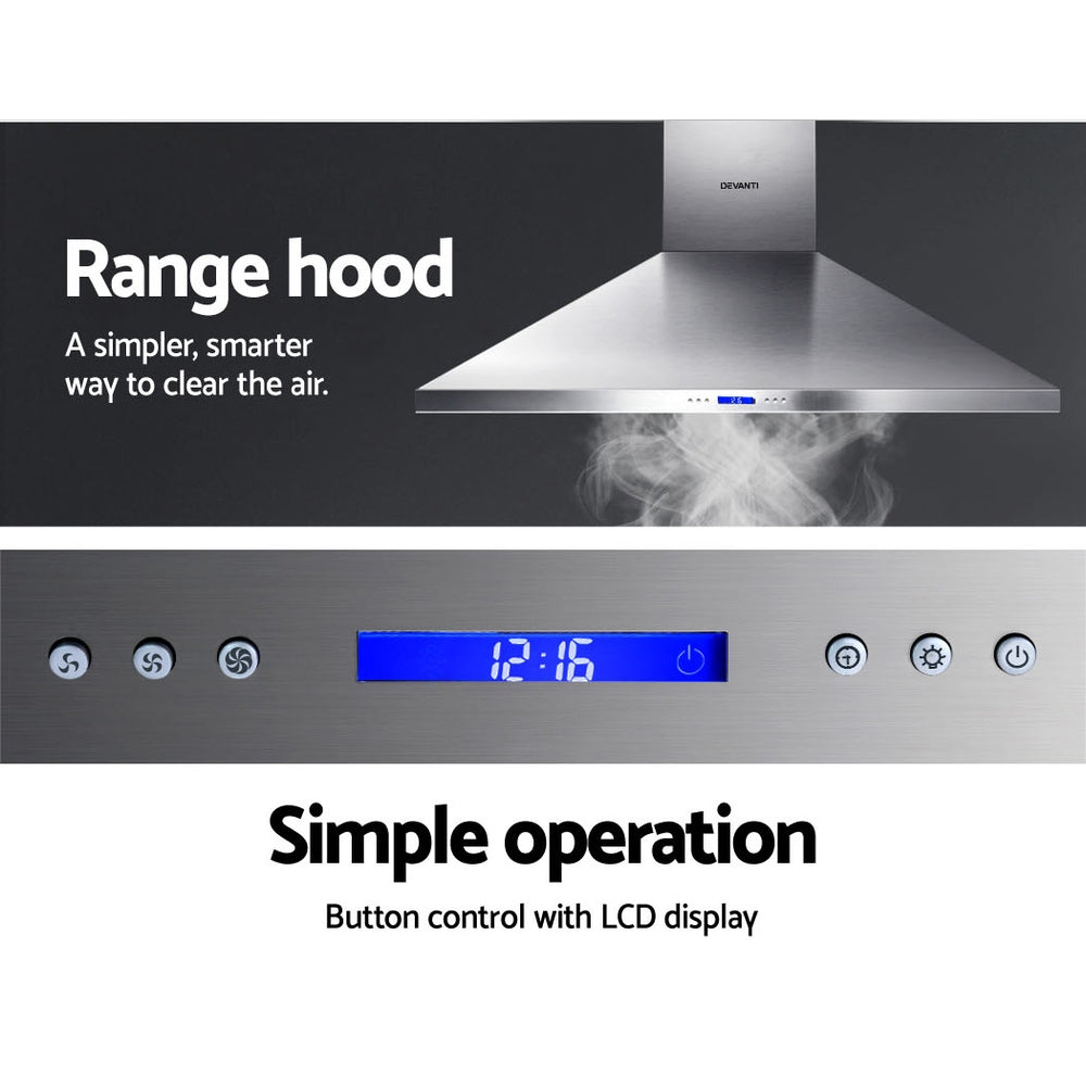 LED lighting in Devanti range hood brightly illuminates cooking surface for better visibility.