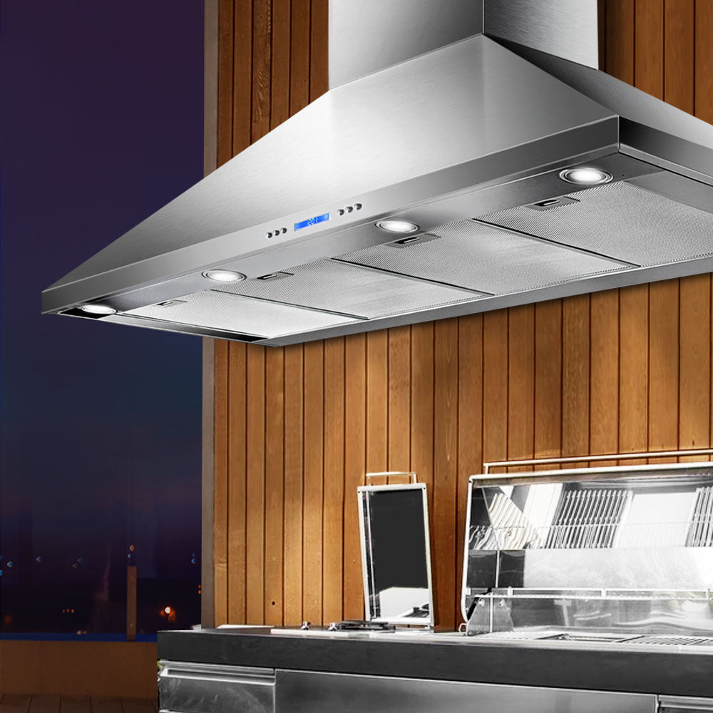 Close-up of the Devanti range hood LCD panel and soft-touch buttons for 3-speed operation.