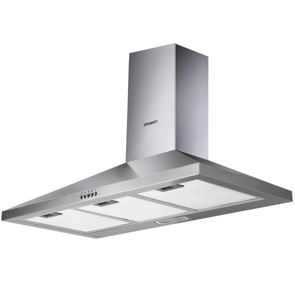 Sleek front view of the Devanti 900mm wall-mounted stainless steel range hood with LED light