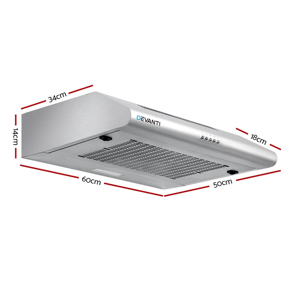 Versatile installation setup of the Devanti 60cm hood supporting both ducted and recirculated systems