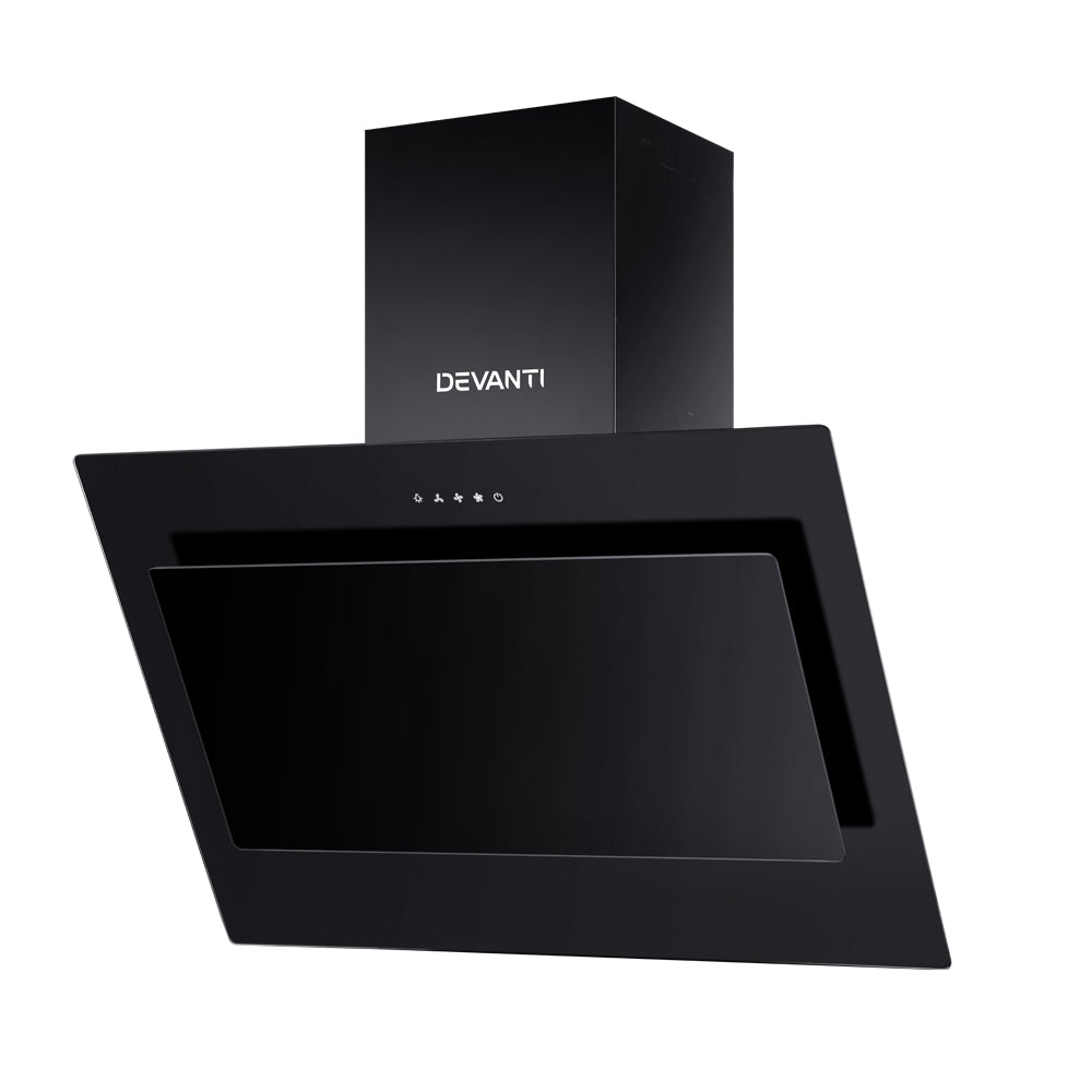 Front view of the Devanti 900mm angled range hood in black tempered glass, showing its sleek wall-mounted design. Model RH-90-BK.