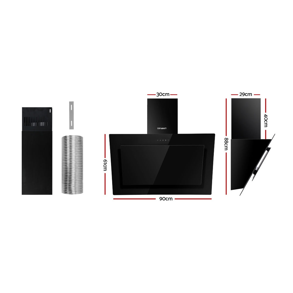 ide-angle view highlighting the 30-degree inclined black glass range hood and its modern slim profile. Model RH-90-BK.