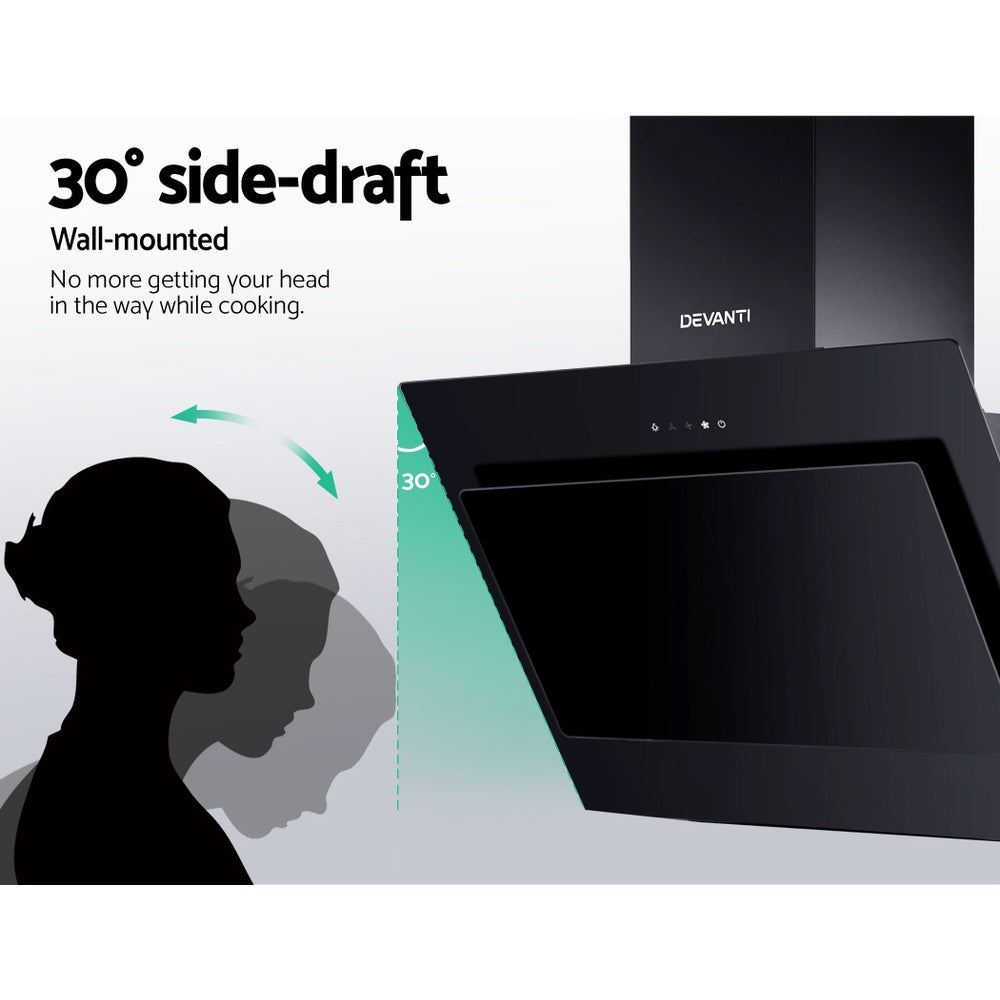 Adjustable chimney section of the Devanti range hood for flexible kitchen installations. Model RH-90-BK.