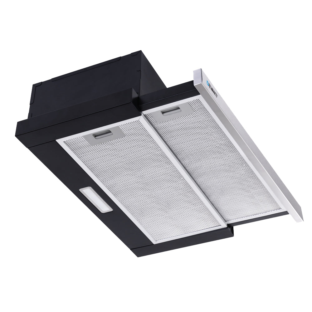 Front view of the Devanti stainless steel slide-out range hood, showcasing its slim, modern design. No model shown.