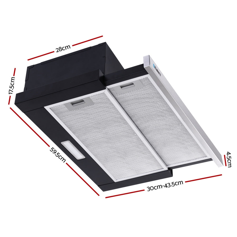 Devanti range hood out, demonstrating the auto on/off slide mechanism.
