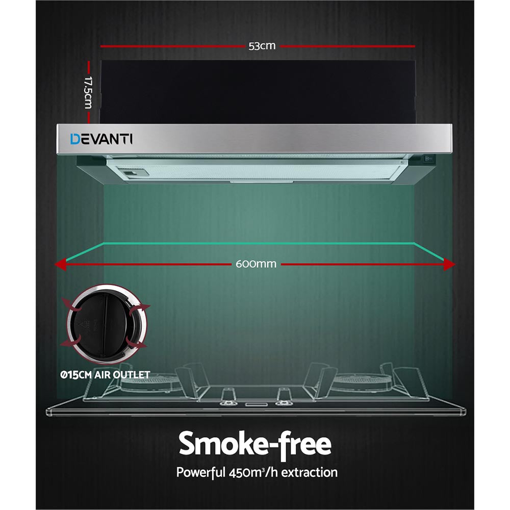 The Devanti range hood installed above a cooktop in a stylish kitchen setting, seamlessly integrated. No model present.