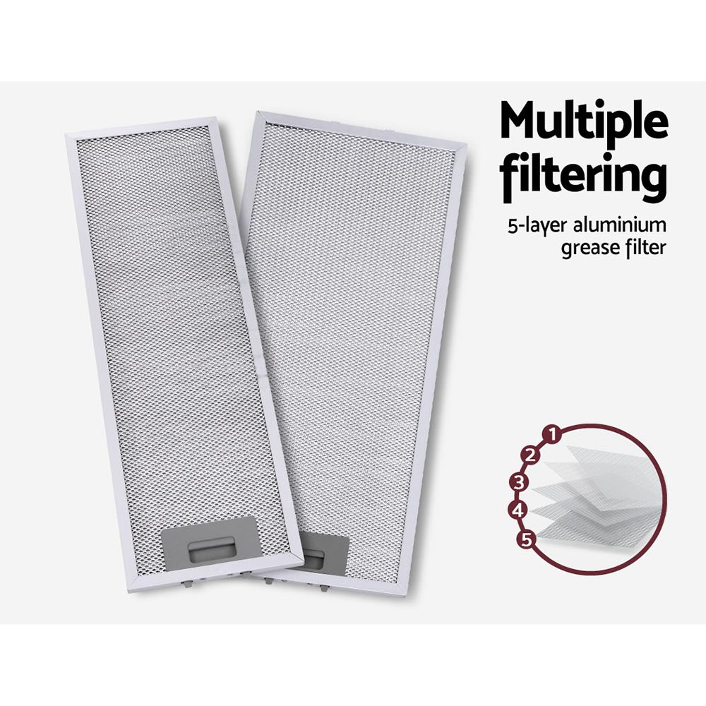 Close-up of the removable aluminium grease filters from the Devanti range hood, highlighting 5-layer design.