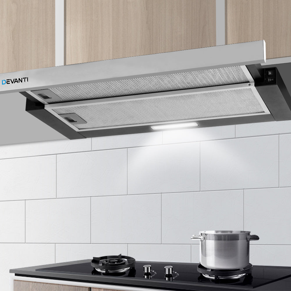 A clean, fresh kitchen environment with Devanti range hood installed above stove.