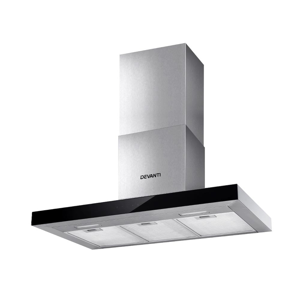 Devanti 900mm range hood with black tempered glass in modern kitchen.