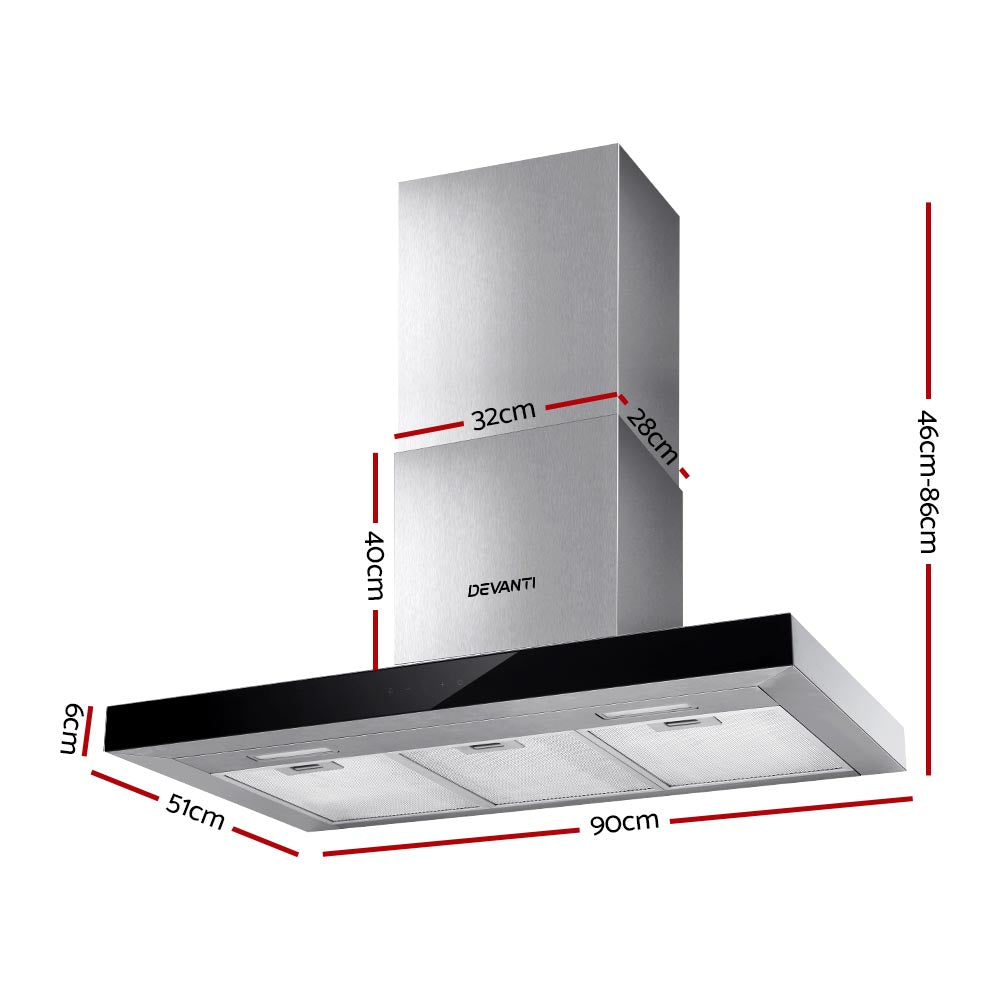 Close-up of Devanti 900mm range hood in stainless steel and glass with touch controls.