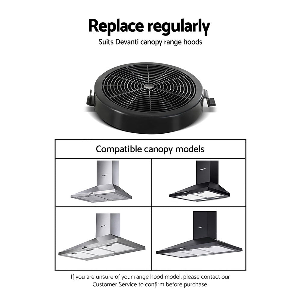 Visual showing various Devanti range hood models compatible with the 11cm carbon filter replacement set.