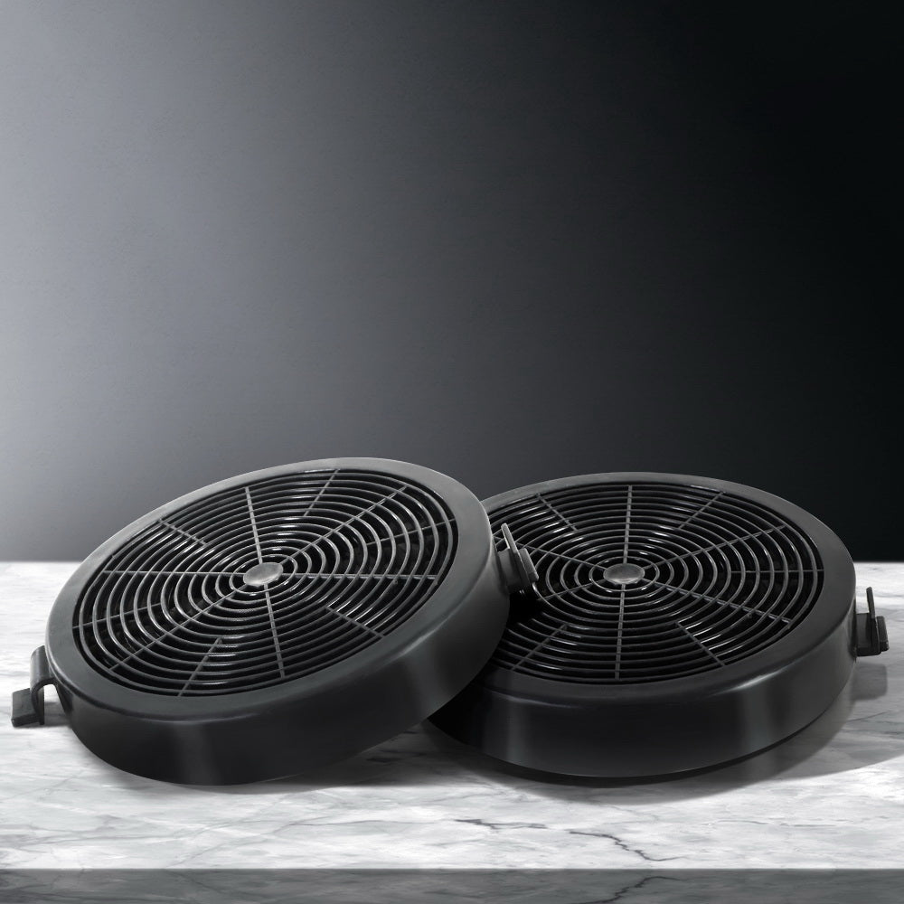 Front-facing view of Devanti 11cm carbon charcoal filter replacement set for ductless range hoods, shown as a pack of 2 with mesh design.