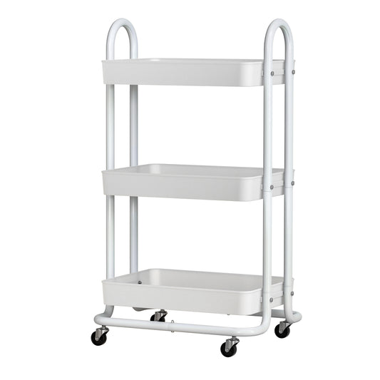 White metal utility cart with two shelves on a white background