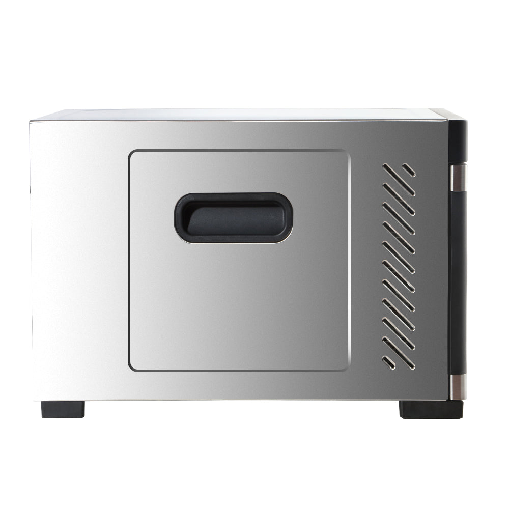 Side profile of the dehydrator with transparent door opened and trays visible.