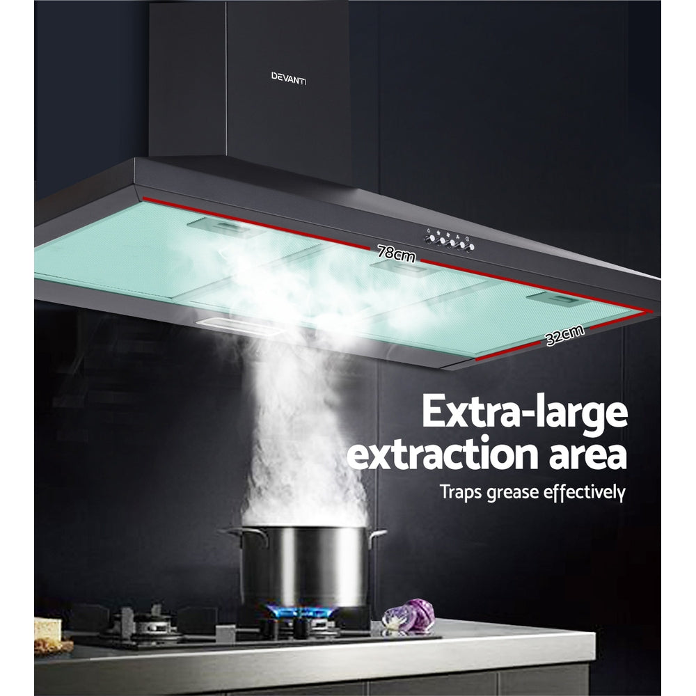 Slim and modern side profile showcasing the range hood’s wall-mounted design.
