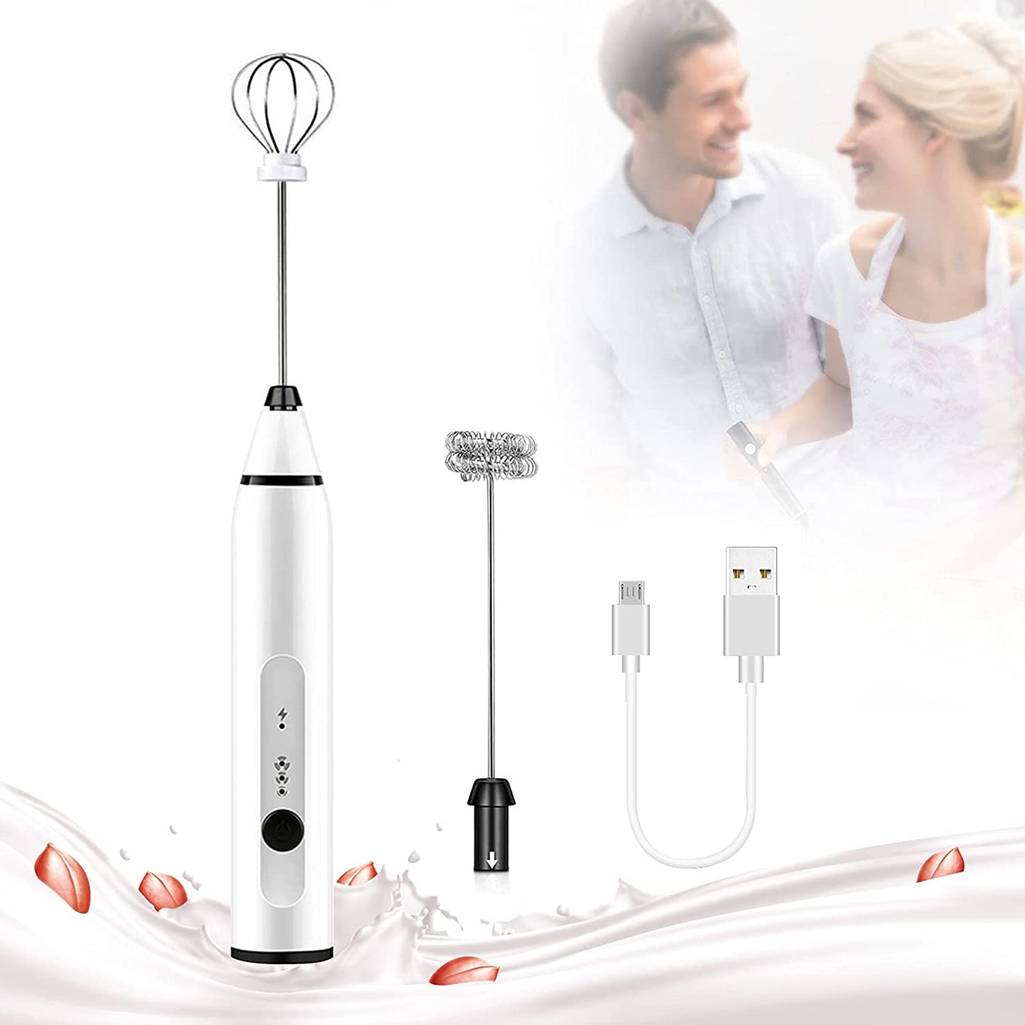 Silver handheld electric milk frother with stainless steel whisk front view