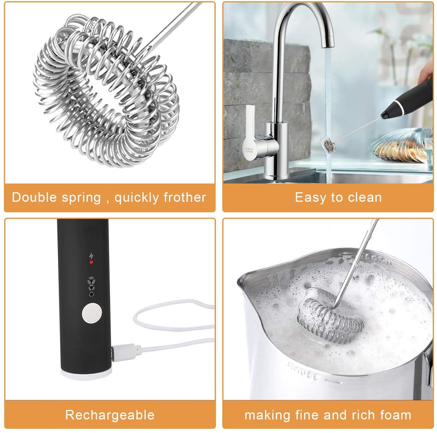 Durable food-grade whisk head easily attaches and detaches for cleaning and storage.