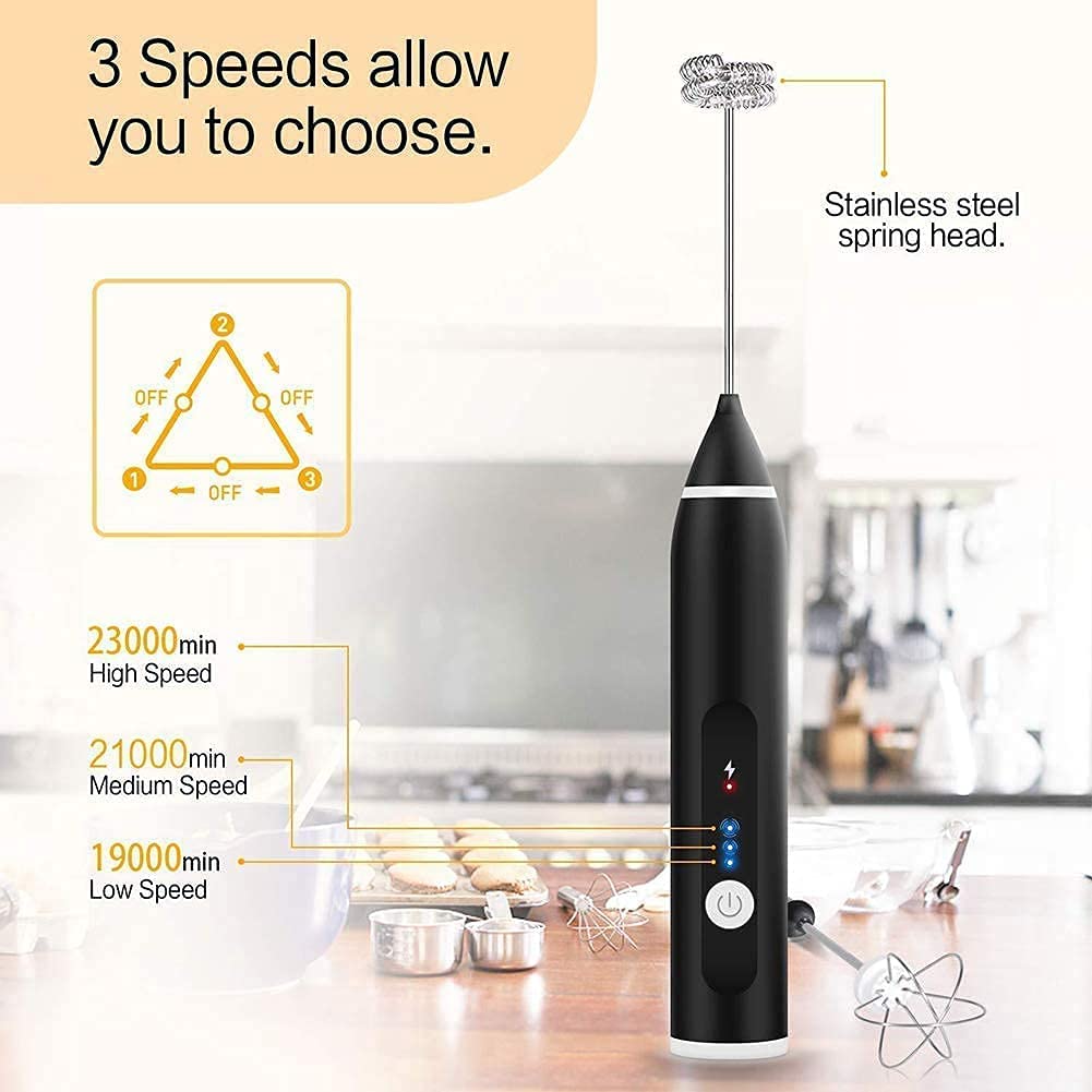 Handheld milk frother with 3 speed button controls